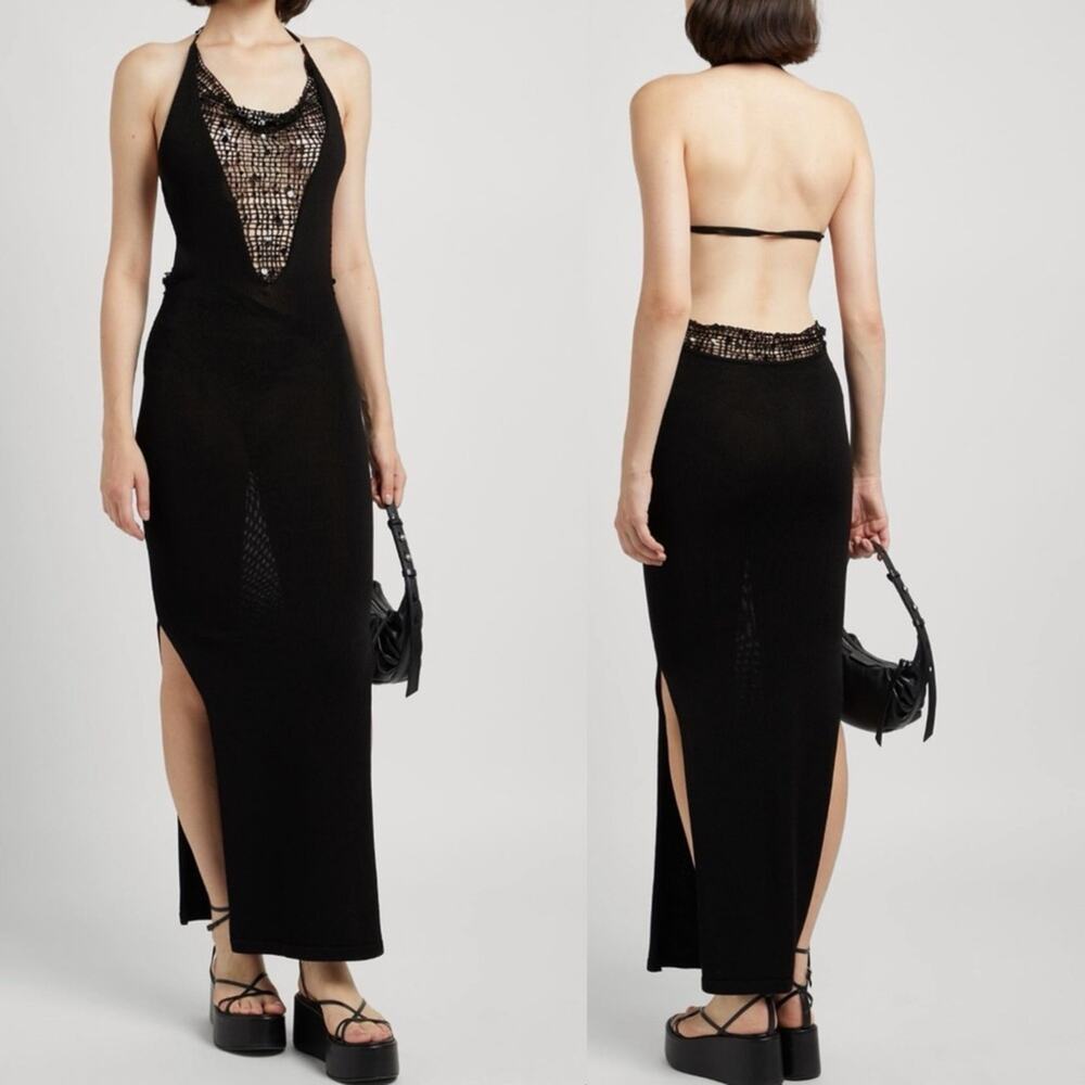 Aya Muse Alpin Beaded Open Back Halter Dress Black Size XL NWT
